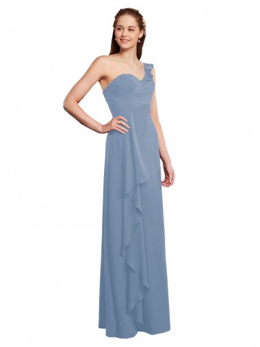 Comprar Azul polvoriento línea A Un Hombre Cuello de Corazón Gasa Largo Vestidos de dama de honor