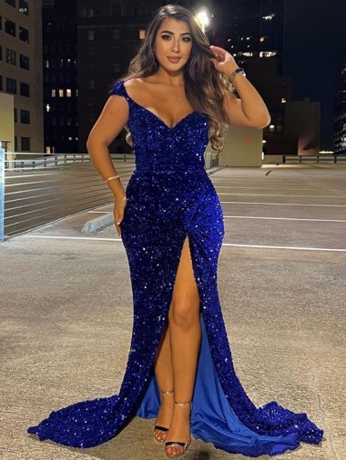 Comprar Azul real Cubierta Cuello en V Barrer tren Lentejuelas Terciopelo Largo Vestidos de fiesta