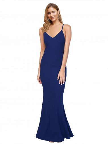 Comprar Azul real Cubierta Cuello en V Crepé Elástico Largo Formales Vestidos de dama de honor / Vestidos de fiesta