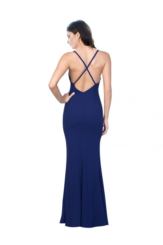 Comprar Azul real Cubierta Cuello en V Crepé Elástico Largo Formales Vestidos de dama de honor / Vestidos de fiesta