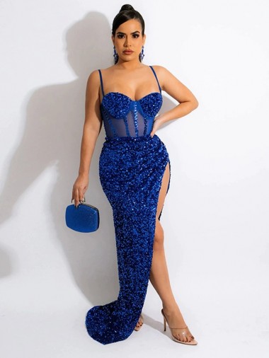 Comprar Azul real Cubierta Tirantes espagueti Barrer tren Lentejuelas Terciopelo Largo Vestidos de fiesta