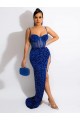 Comprar Azul real Cubierta Tirantes espagueti Barrer tren Lentejuelas Terciopelo Largo Vestidos de fiesta