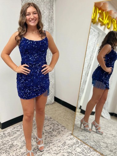 Comprar Azul real Cubierta Tirantes espagueti Corto Lentejuelas Terciopelo Corto Vestidos de fiesta