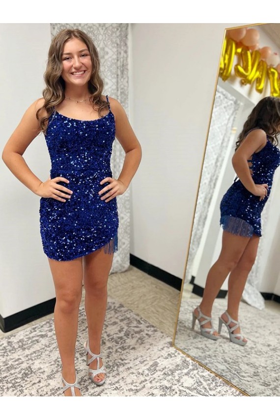 Comprar Azul real Cubierta Tirantes espagueti Corto Lentejuelas Terciopelo Corto Vestidos de fiesta