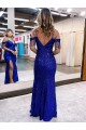 Comprar Azul real Cubierta Tirantes espagueti Cuello en V Lentejuelas Terciopelo Largo Vestidos de fiesta