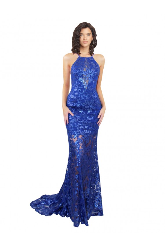 Comprar Azul real Sirena Cuello Alto Encaje Largo Vestidos de dama de honor / Vestidos de fiesta