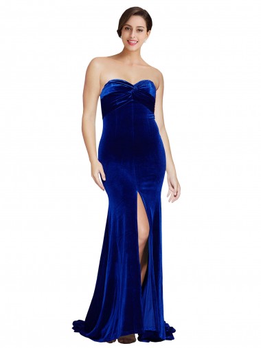 Comprar Azul real Sirena Cuello de Corazón Sin tirantes Barrer tren Terciopelo Elástico Largo Formales Vestidos de dama de honor / Vestidos de fiesta