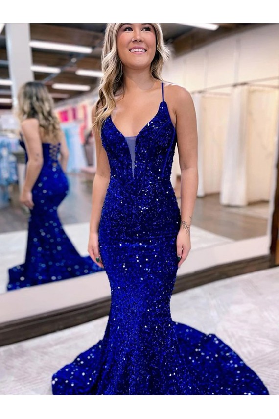 Comprar Azul real Sirena Cuello en V Cola corte Lentejuelas Terciopelo Largo Vestidos de fiesta