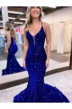 Comprar Azul real Sirena Cuello en V Cola corte Lentejuelas Terciopelo Largo Vestidos de fiesta
