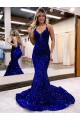 Comprar Azul real Sirena Cuello en V Cola corte Lentejuelas Terciopelo Largo Vestidos de fiesta