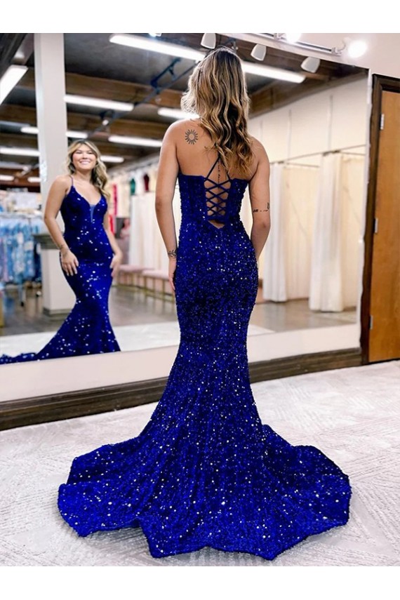 Comprar Azul real Sirena Cuello en V Cola corte Lentejuelas Terciopelo Largo Vestidos de fiesta