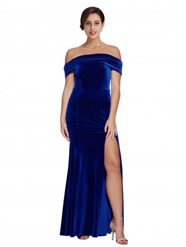 Comprar Azul real Sirena Hombros Descubiertos Terciopelo Elástico Largo Formales Vestidos de dama de honor / Vestidos de fiesta