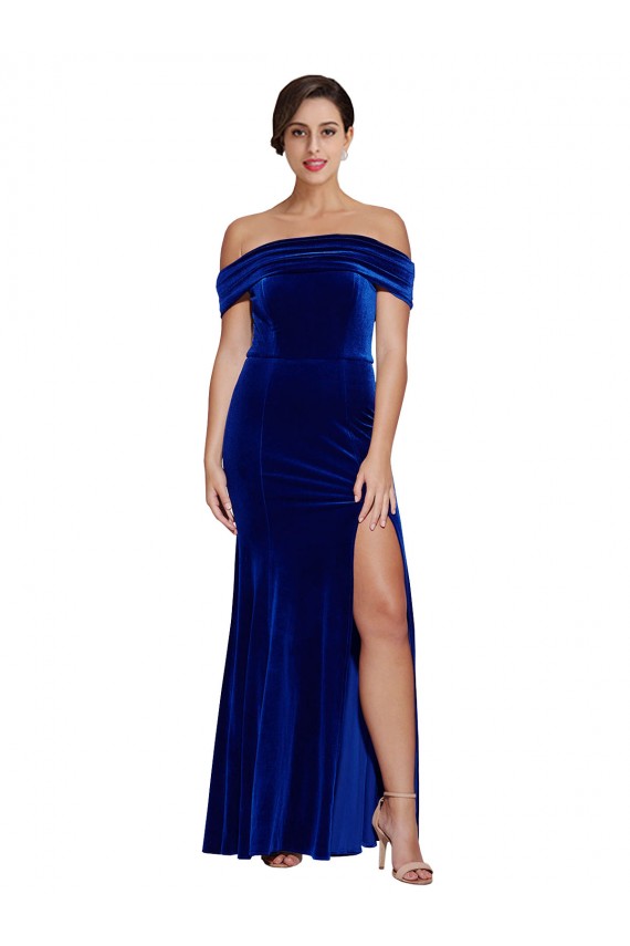 Comprar Azul real Sirena Hombros Descubiertos Terciopelo Elástico Largo Formales Vestidos de dama de honor / Vestidos de fiesta