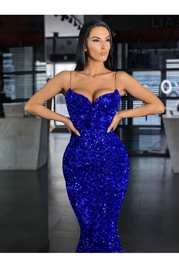 Comprar Azul real Sirena Tirantes espagueti Barrer tren Lentejuelas Terciopelo Largo Vestidos de fiesta