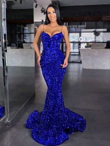 Comprar Azul real Sirena Tirantes espagueti Barrer tren Lentejuelas Terciopelo Largo Vestidos de fiesta