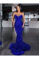 Comprar Azul real Sirena Tirantes espagueti Barrer tren Lentejuelas Terciopelo Largo Vestidos de fiesta