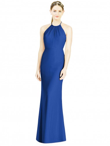 Comprar Azul real Trompeta Halter Cuello Alto Gasa Largo Vestidos de dama de honor