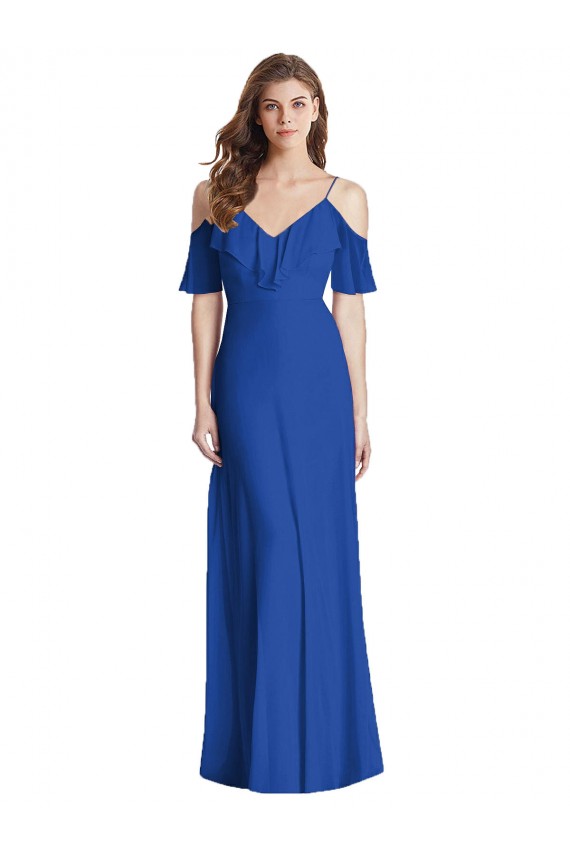 Comprar Azul real Trompeta Tirantes espagueti Cuello en V Gasa Largo Vestidos de dama de honor