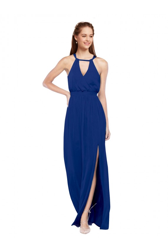 Comprar Azul real línea A Cuello Alto Gasa Largo Vestidos de dama de honor