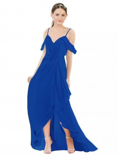 Comprar Azul real línea A Cuello en V Gasa Largo Asimétrico Vestidos de dama de honor