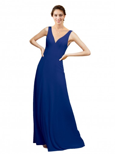 Comprar Azul real línea A Cuello en V Gasa Largo Vestidos de dama de honor
