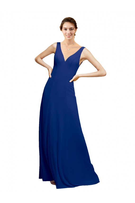 Comprar Azul real línea A Cuello en V Gasa Largo Vestidos de dama de honor