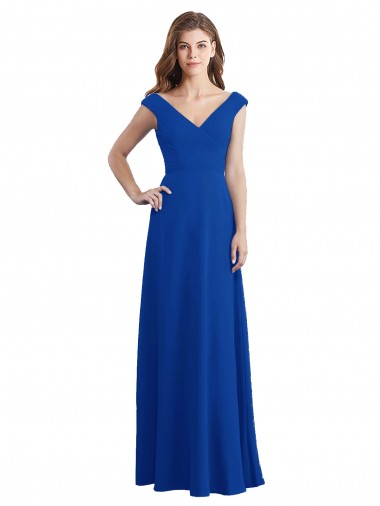 Comprar Azul real línea A Cuello en V Gasa Largo Vestidos de dama de honor