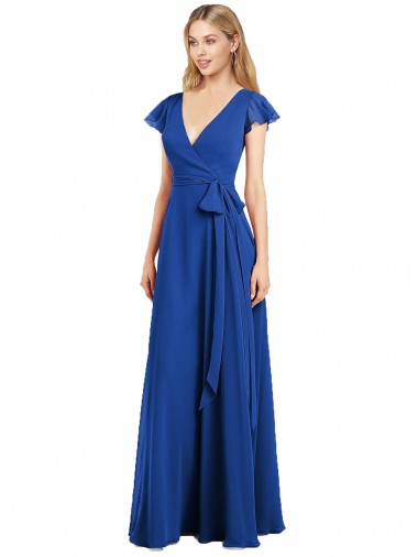 Comprar Azul real línea A Cuello en V Gasa Largo Vestidos de dama de honor