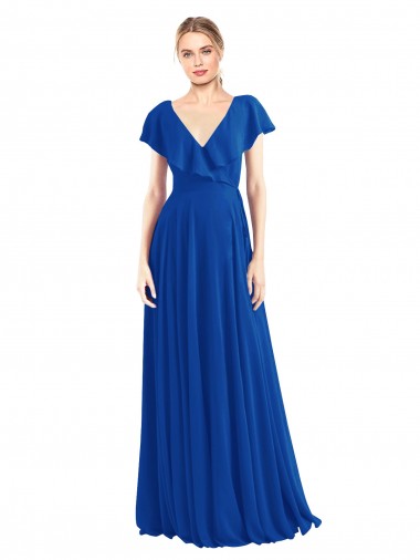 Comprar Azul real línea A Cuello en V Gasa Largo Vestidos de dama de honor