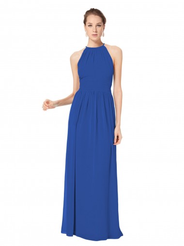 Comprar Azul real línea A Halter Gasa Largo Vestidos de dama de honor