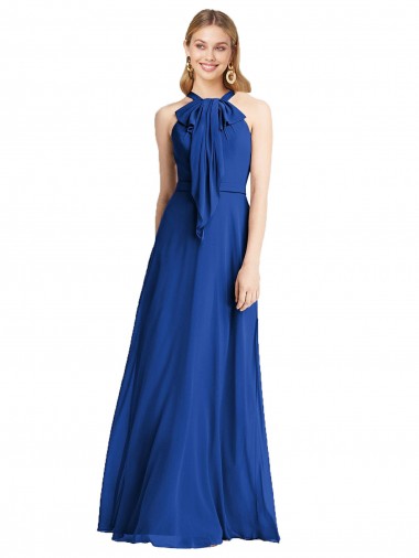 Comprar Azul real línea A Halter Gasa Largo Vestidos de dama de honor