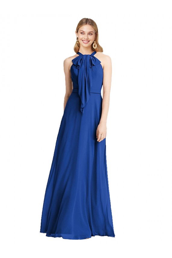 Comprar Azul real línea A Halter Gasa Largo Vestidos de dama de honor