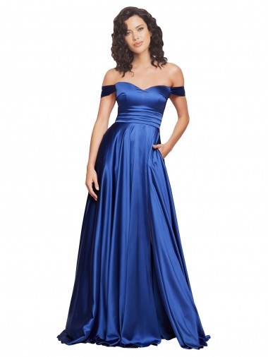 Comprar Azul real línea A Hombros Descubiertos Barrer tren Satén elástico Largo Formales Vestidos de dama de honor / Vestidos de fiesta