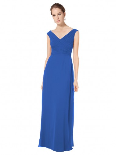 Comprar Azul real línea A Hombros Descubiertos Cuello en V Gasa Largo Vestidos de dama de honor
