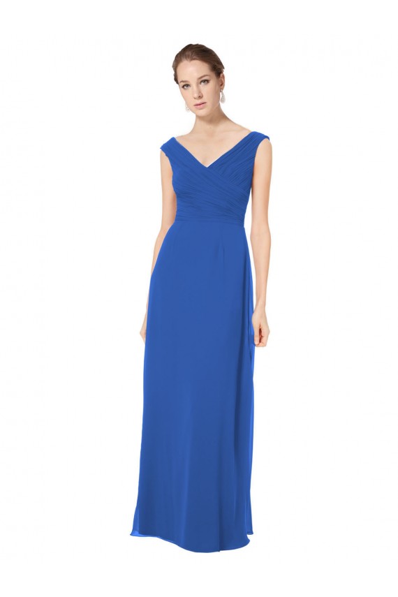 Comprar Azul real línea A Hombros Descubiertos Cuello en V Gasa Largo Vestidos de dama de honor
