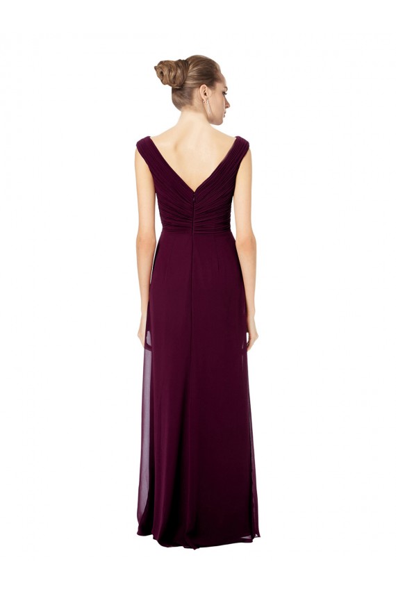 Comprar Azul real línea A Hombros Descubiertos Cuello en V Gasa Largo Vestidos de dama de honor
