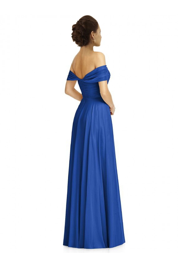 Comprar Azul real línea A Hombros Descubiertos Gasa Largo Vestidos de dama de honor