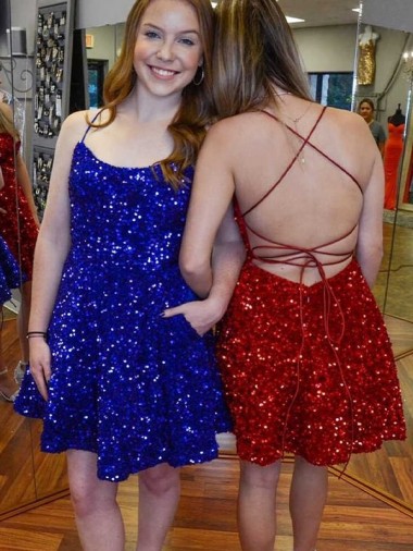 Comprar Azul real línea A Tirantes espagueti Corto Lentejuelas Terciopelo Corto Vestidos de fiesta