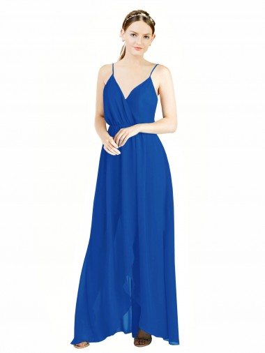 Comprar Azul real línea A Tirantes espagueti Cuello en V Gasa Largo Vestidos de dama de honor