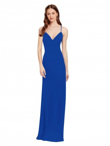 Comprar Azul real línea A Tirantes espagueti Cuello en V Gasa Largo Vestidos de dama de honor
