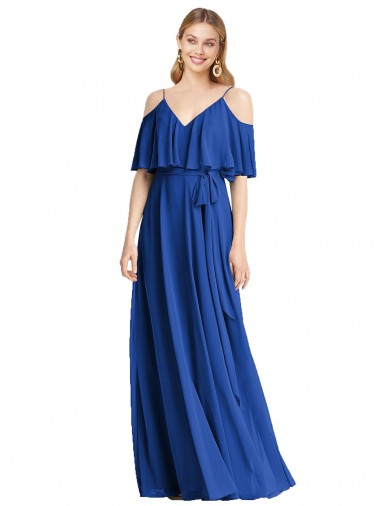 Comprar Azul real línea A Tirantes espagueti Cuello en V Gasa Largo Vestidos de dama de honor