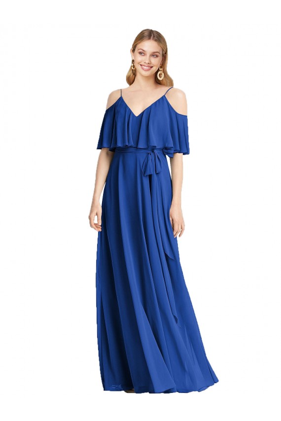 Comprar Azul real línea A Tirantes espagueti Cuello en V Gasa Largo Vestidos de dama de honor