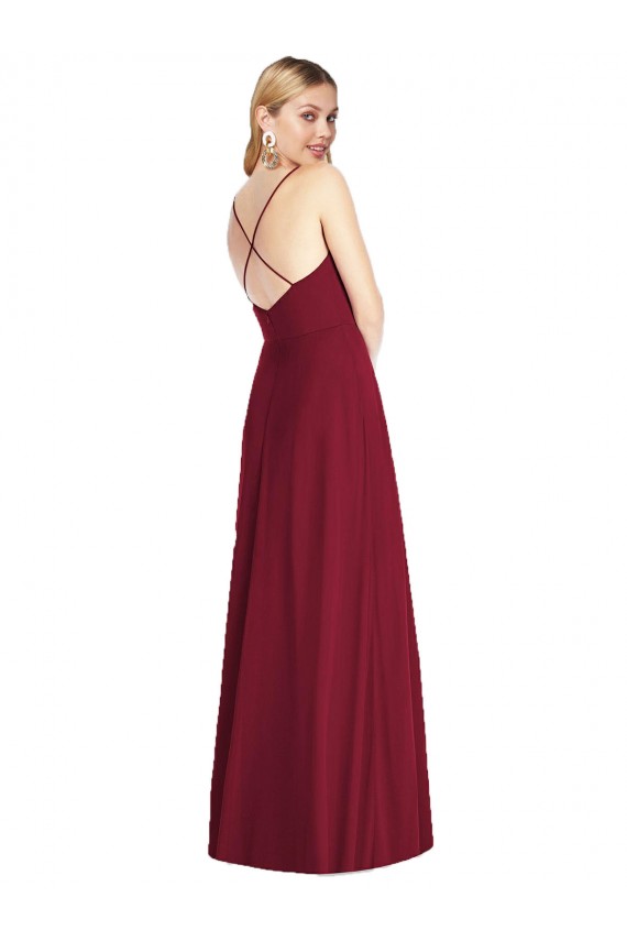 Comprar Azul real línea A Tirantes espagueti Cuello en V Gasa Largo Vestidos de dama de honor