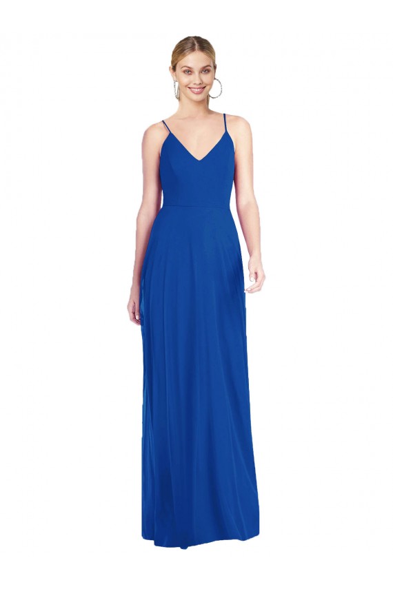 Comprar Azul real línea A Tirantes espagueti Cuello en V Gasa Largo Vestidos de dama de honor