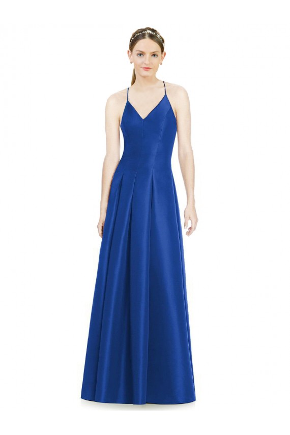 Comprar Azul real línea A Tirantes espagueti Cuello en V Satén Largo Vestidos de dama de honor