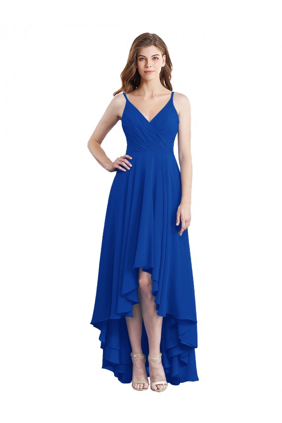 Comprar Azul real línea A Tirantes espagueti Gasa Largo Asimétrico Vestidos de dama de honor