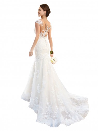 Comprar Blanco Sirena Ilusión Cola capilla Encaje Vestidos de novia