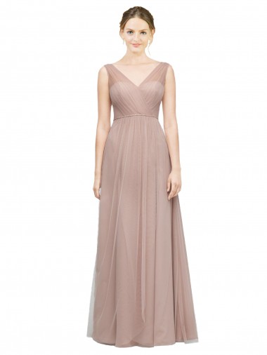 Comprar Blush línea A Cuello en V Tul Largo Vestidos de dama de honor