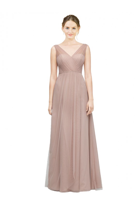 Comprar Blush línea A Cuello en V Tul Largo Vestidos de dama de honor