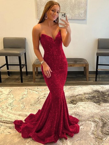 Comprar Borgoña Cubierta Cuello de Corazón Barrer tren Lentejuelas Terciopelo Largo Vestidos de fiesta